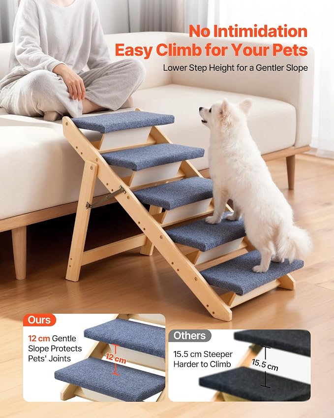 VEVOR Wood Pet Stairs, 5-Step Dog Stairs for Beds, Sofa & Cars, Floded Flat | For Small Medium Large Older Pet Puppy Essentials, 150lbs Load Capacity, Stable & Sturdy Cat & Dog Step Ladder, Non-Slip