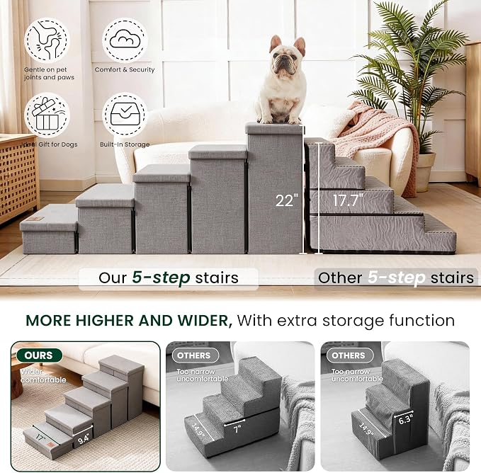 Love's cabin Dog Stairs for High Bed, Foldable Pet Stairs for Small Medium or Large Dogs Puppy with Storage for Bed or Couch, Cat Dog Steps Ramp with Zip up to 200 lbs, Solid Grey, 5 Steps