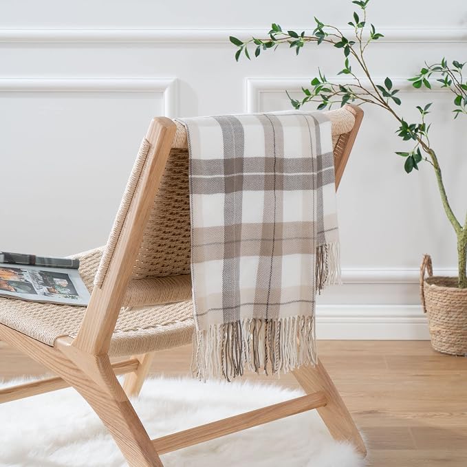 Fall Plaid Throw Blanket for Couch, Farmhouse Throw Blanket 49"x63" | Lightweight Beige Throw Blanket, Super Soft WovenThrow with Tassels, Cozy, Neutral Fall Decor Home Decor