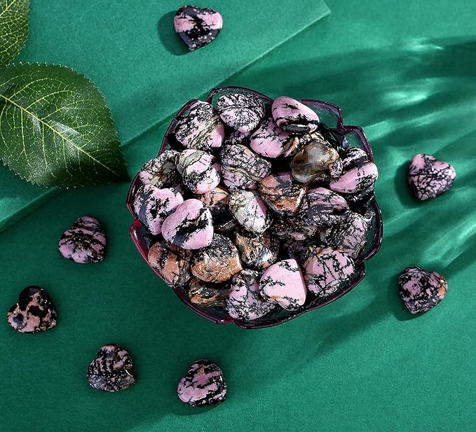 20 PCS Rhodochrosite Natural Heart Healing Crystals Cute Polished Crystal Black Line Rhodolite Stones Palm Love Heart Pocket Set Reiki Energy Balancing Meditation Valentine's Day Gift Women