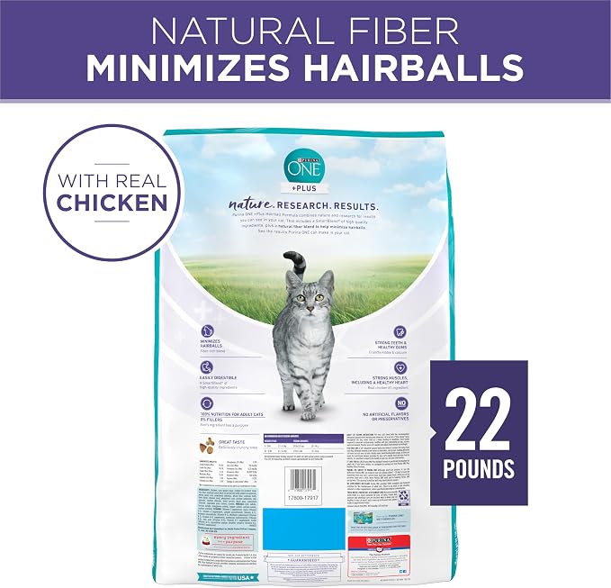 Purina ONE Natural Hairball Control Dry Cat Food, 22 lb Bag | Real chicken high fiber formula with added vitamins and minerals for overall health for adult cats and minimizes hairballs