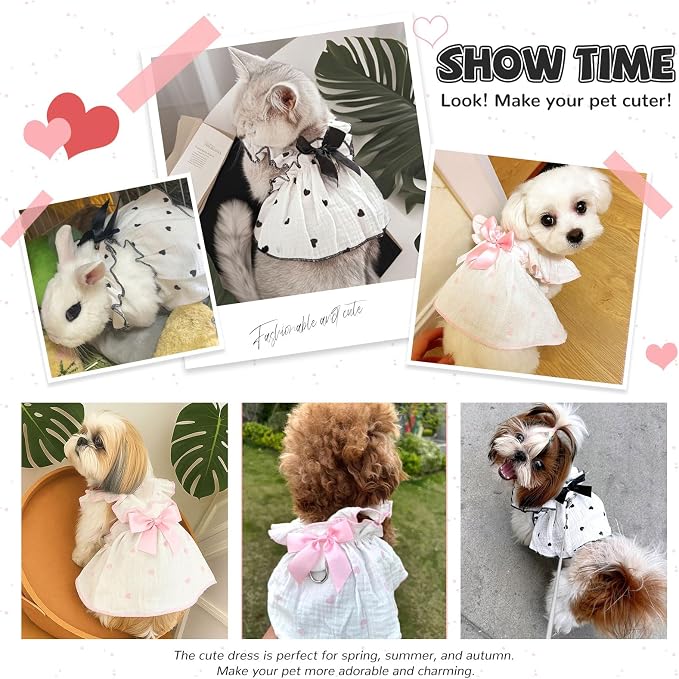Dog Dresses for Small Dogs Girl Female Dog Cat Clothes Dress Cute Cotton Extra Summer Clothes Bow Decor Printed Love Birthday Outfit Puppy Clothes (Light Pink & Black, Large)