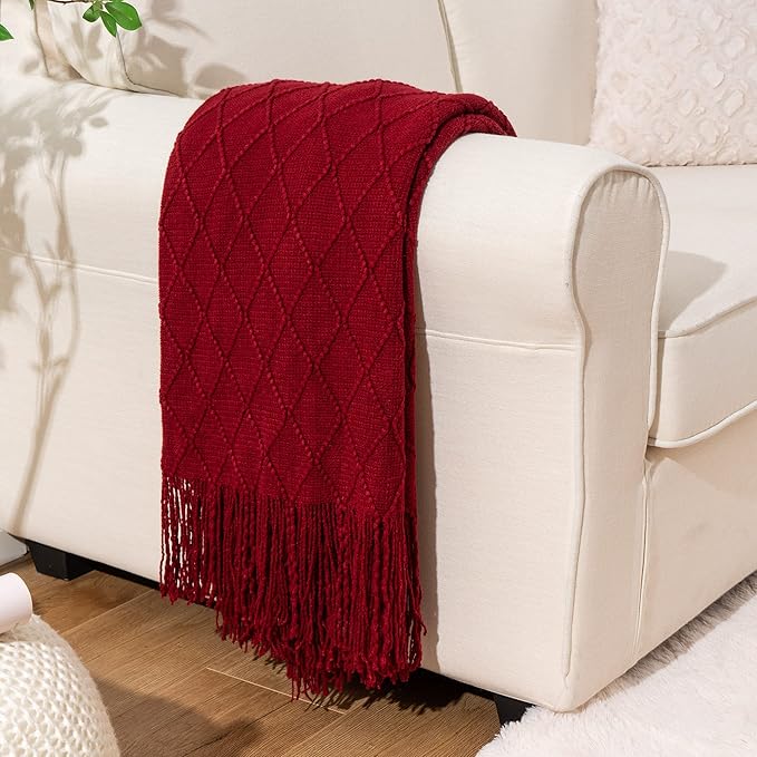 BATTILO HOME Christmas Decor Red Throw Blanket for Couch, Boho Bed Throws for Foot of Bed, Decorative Red Throws for Sofa Living Room, 50"x60" | Boho Throw Blanket for Foot of Bed, Decorative Knit Red Throw for Sofa Living Room