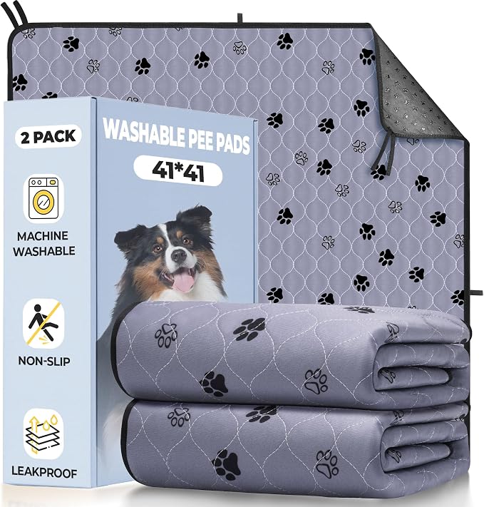 Fostanfly Washable Dog Pee Pads, Leak-Proof Absorbent, 41"x41"-2 Pack, Gray | Reusable Potty Training Pads for Dogs, Waterproof, Non-Slip, for Playpen, Crates & Furniture with 8 Tie Straps