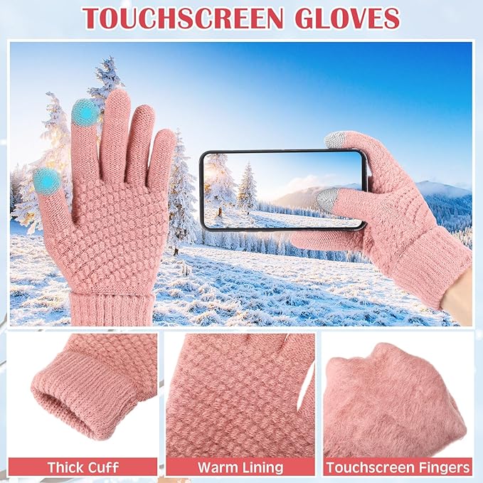 SATINIOR 5 Pcs Winter Hat Scarf Gloves Set Fleece Lined Knit Beanie Hat Warm Touch Screen Gloves Earmuff Warmer for Women(Pink,Chic Style)