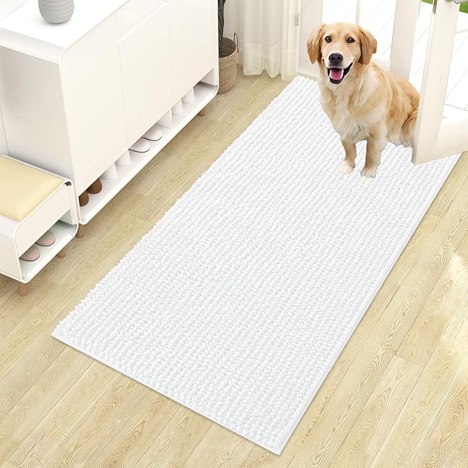 OLANLY Dog Door Mat for Muddy Paws 44x24, Extra Absorbent Chenille Mud Mat | White, Absorbs Moisture and Dirt, Non-Slip Machine Washable Doormat, Quick-Drying Indoor Entryway Floor Mat for Dogs