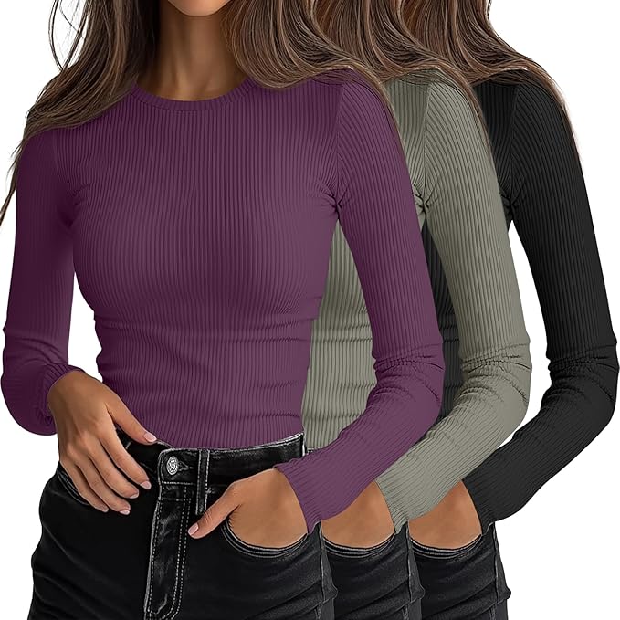 Ficerd 3 Pack Women's Ribbed Long Sleeve Tops, Crew Neck Slim Fit Undershirts Knit Basic Casual Stretch Layering Tee Shirts