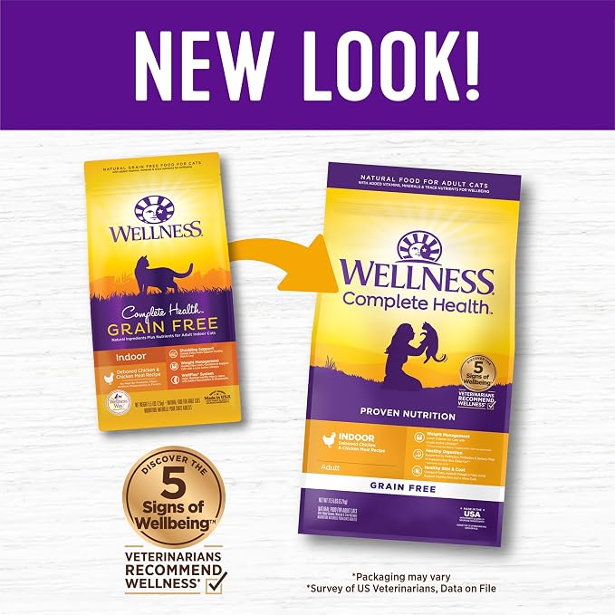 Wellness Complete Health Adult Dry Cat Food for Indoor Cats, Natural, Grain Free Kibble, Chicken Recipe, 11.5 lb Bag