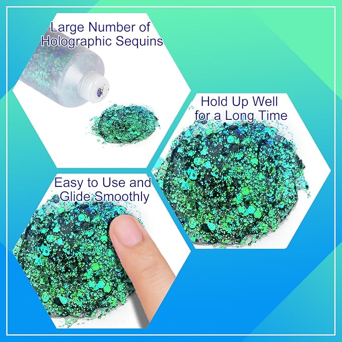 MEICOLY Chameleon Green Face Body Glitter,Christmas Face Glitter Stocking Stuffers,Color Changing Mermaid Face Glitter,Halloween Glitter Face Paint for Face Body Hair,St Patricks Day Accessories