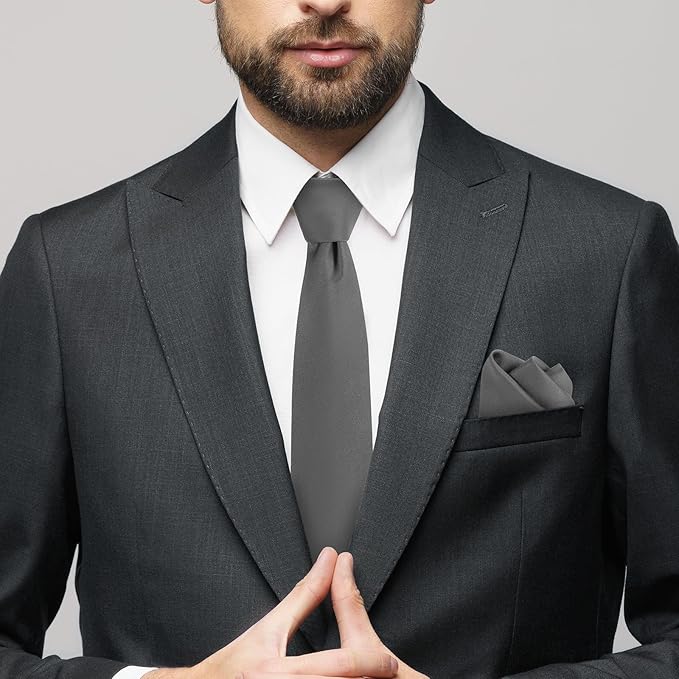 Black Tie Set in Gift Box Mens Solid Color 3.15" (8CM) Black Necktie and Pocket Square Set