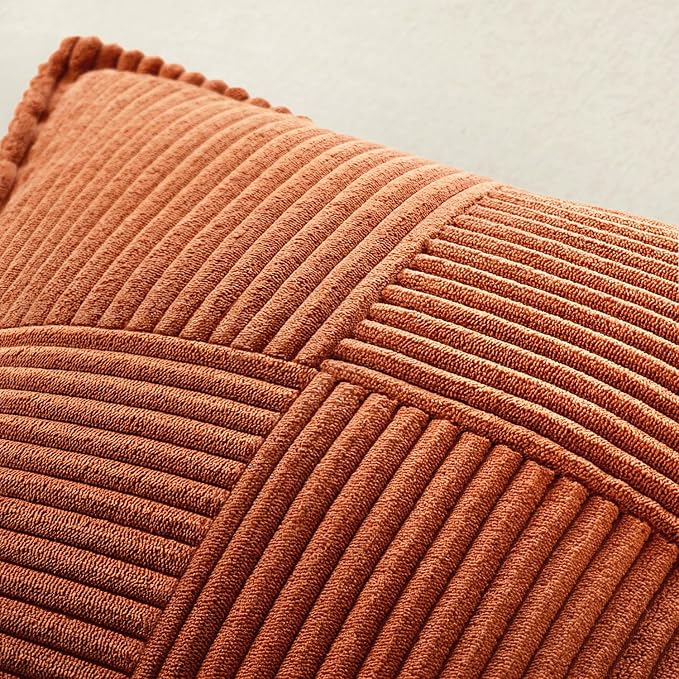 MIULEE Fall Rust Decorative Lumbar Throw Pillow Covers 12x20 Inch | 2 Pack, Terracotta Boho Broadside Striped Patchwork Pillow Covers, Soft Corduroy Cushion Cases, For Couch Sofa Bed Livingroom