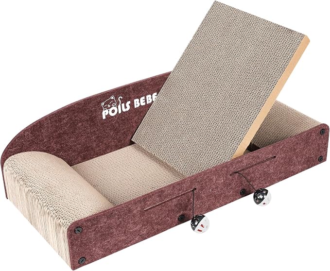 Poils Bebe 26 Inch Sofa Cat Scratcher, Small Cat Scratcher Cardboard with Bell Balls, Durable Couch Lounger for Indoor Cats, Cat Scratch Furniture Protector with Catnip, Cat Toys