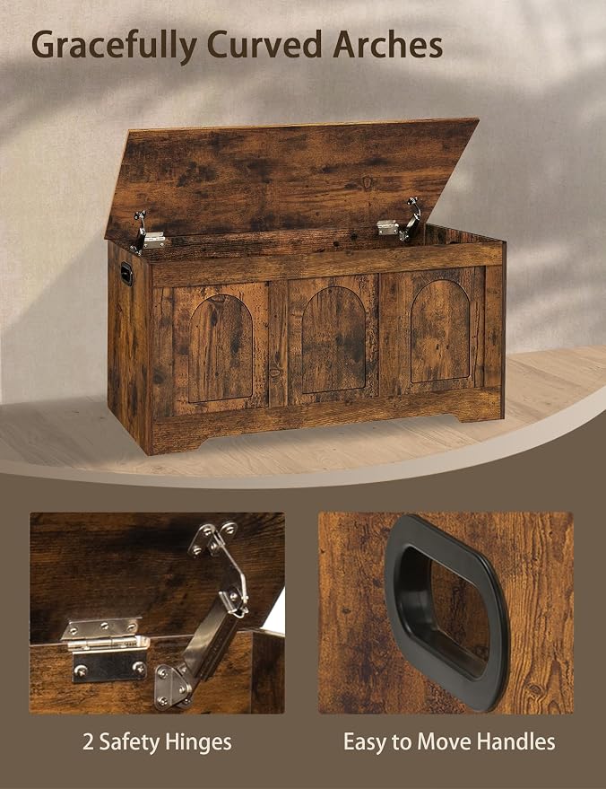 Storage Chest, Wooden Toy Box, Rustic Brown 39.4" L | Entryway Shoe Bench, 2 Soft-close Hinges, Finger-safe Flip-Top Lid, Easy Assembly, Farmhouse Large Trunk, Living Room/Bedroom
