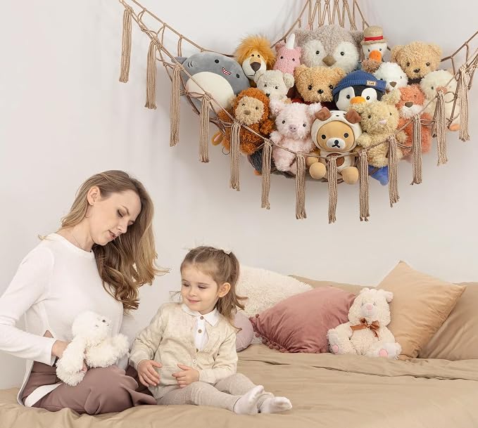 Stuffed Animal Storage Hammock or Net Corner - Large Toy Hammock Net for Stuffed Animals Room Decor - Cute Stuff Animal Organizer Plush Holder - Kids Baby Nursery Essentials Wall Bedroom Home Decor