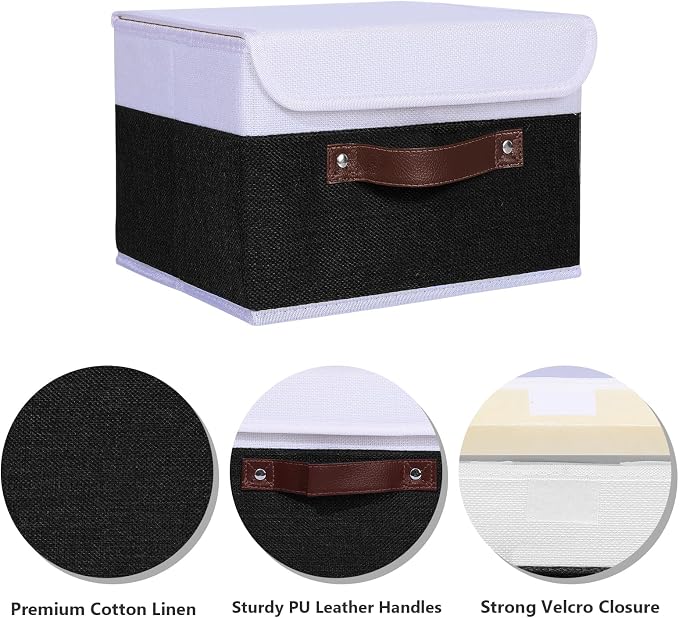 ANMINY Fabric Storage Box Bins with Lids, Black White, 10"x8"x7", 4 Pack | Keepsake Memory Storage, Cotton Linen, PP Board Reinforced, Washable, PU Handles, Foldable & Stackable, Decorative, Small
