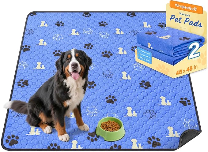 WanpeeGoo Washable Pee Pads for Dogs, Waterproof, 48 x 48 in, 2 Pack, Blue | Super Absorbent, Waterproof and Non-Slip; Washable, Reusable Dog Pads for Crates, Playpens, Floors, Furniture and Travel