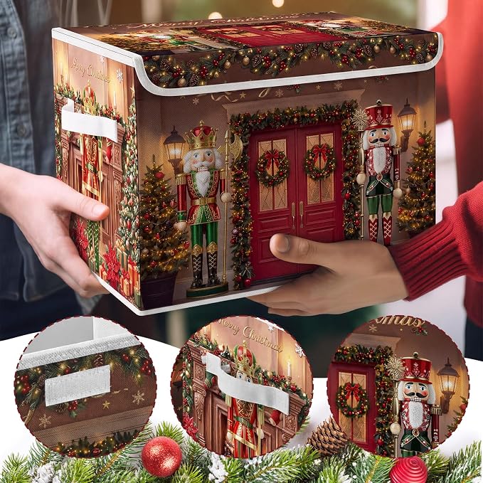 Briwooody Christmas Nutcracker Storage Bin with Lid and Carrying Handle Red Christmas Storage Box Large Xmas Nutcracker Decorative Collapsible Container Basket for Organizing Closet Home Bedroom Gift