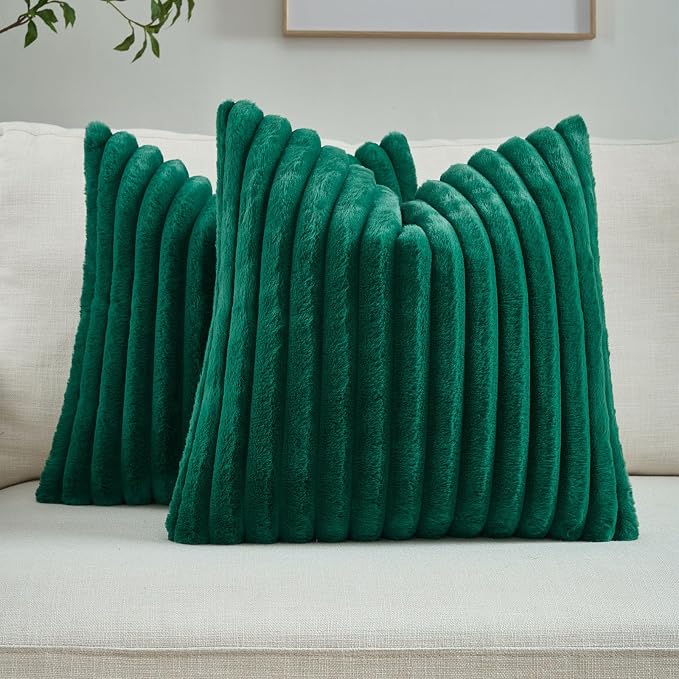 FUTEI Pack of 2 Faux Fur Throw Pillow Covers 24x24 Inch, Emerald Green | Fluffy Faux Rabbit Fur Front/Premium Velvet Back,Hidden Zipper,Machine Washable,Non-Shedding,Colorfast,Insert Not Included.