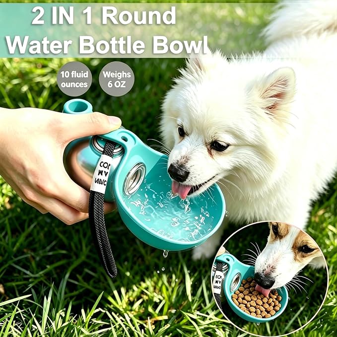 Dog Water Bottle Portable, 2in1 Round Dog Water Bowl Stainless Steel 10oz