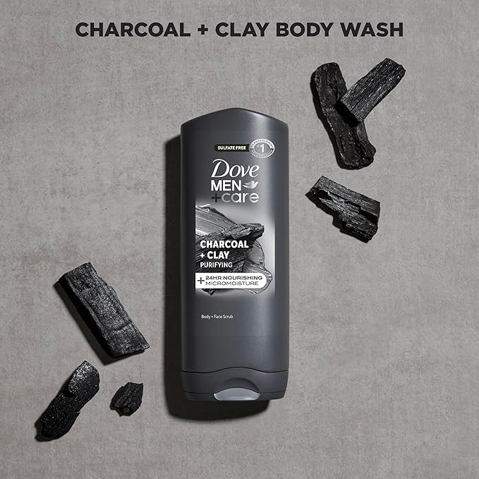 DOVE MEN + CARE Purifying Charcoal + Clay Body and Face Wash with 24-Hour Nourishing Micromoisture Technology Body Wash for Men, 13.5 oz (Pack of 6)