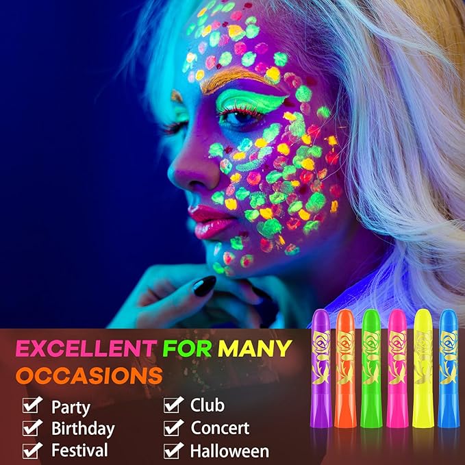 Tenceur 48 Pcs Glow in the Dark Body Paint Under UV and Black Light Face Paint Crayons Neon Face Painting Kit for Kids Party Fluorescent Glow Sticks Makeup for Adult Halloween Party Supplies, 6 Colors