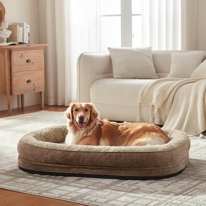 JOEJOY Orthopedic Dog Bed for Extra Large Dogs, XXL Egg-Crate Memory Foam Pet Bed with Bolster Sides, Waterproof Lining, Removable Washable Cover & Non-Slip Bottom, Brown