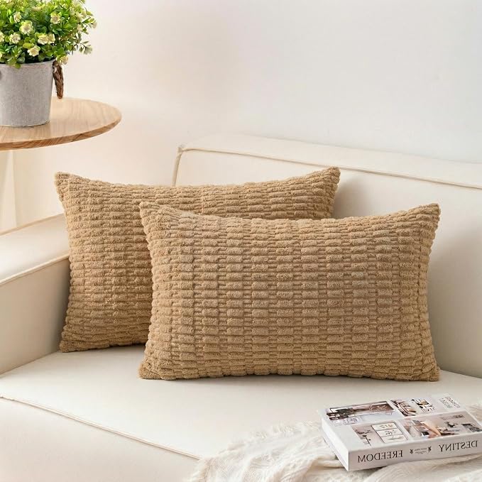 Aegero Pack of 2 Corduroy Decorative Throw Pillow Covers 12x20 Inch, Coffee | Fall Soft Striped Pillow Covers Modern Farmhouse Home Decor Christmas Throw Pillow Covers for Sofa Living Room Couch Bed