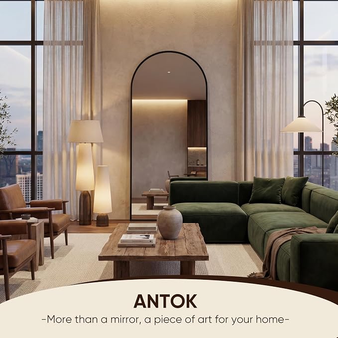 Antok 58" x18” Arched Full Length Floor Mirror, Black Aluminum Frame, Free Standing/Wall Mount/Leaning for Bedroom, Living Room, Dressing Room