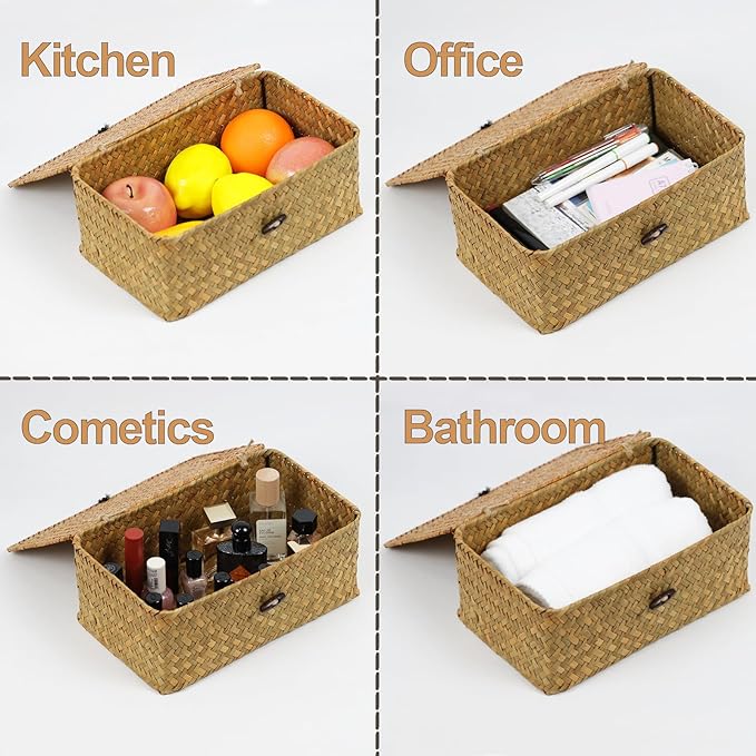 Seagrass Wicker Storage Basket with Lid, Medium, Natural | Shelf Baskets for Organizing, Rectangular Woven Bin Box, Multipurpose Home Storage, Natural Decor, 10.23 x 6.3 x 4.13