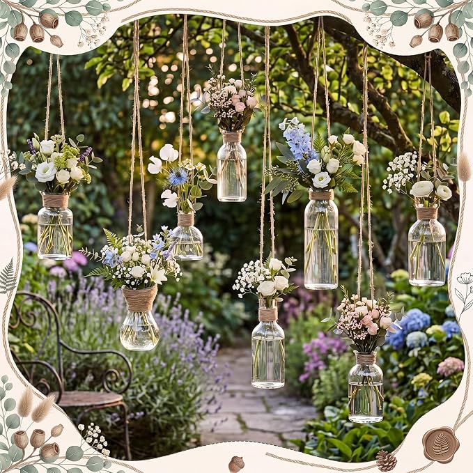 8 Pcs Hanging Glass Vases Clear Hanging Propagation Vases with Jute Rope Glass Terrariums Planters, Handcrafted Assorted Shapes, Suitable for Dried Flowers, Vintage Rustic Home Graden Decor