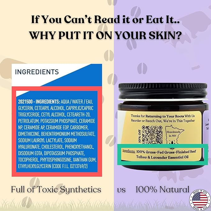 Beef Tallow for Skin | LAVENDER NAKED TALLOW BALM I 2 Ingredients - 100% Grass Fed Beef Tallow & Lavender | Whole Body & Face Whipped Tallow | Sensititve Dry Skin, Eczema, Psoriasis, Rosacea