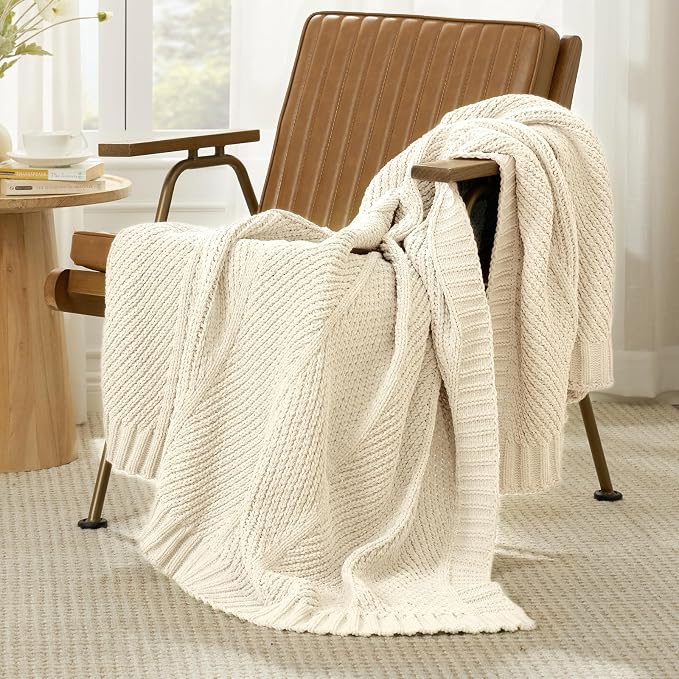 Knit Throw Blanket, Soft Chenille Cozy Breathable Chevron Chunky Decorative Blanket for Couch, Bed & Sofa, French-Inspired Lightweight Warm Gift for Women, Ivory, 50"x60"