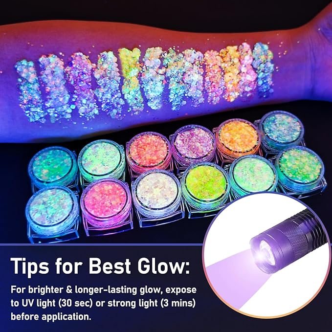 12 Colors Glow Body Glitter Gel, Glow in The Dark Hair Face Glitter Gel, Rave Accessories for Festivals Carnival UV Black Light Party