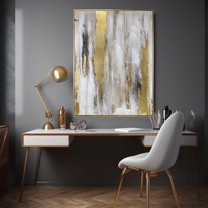 Zessonic Abstract Wall Art with Gold Foil - 24 x 32 Inches Gold and Gray Canvas Print with Texture for Modern Style Decor，Framed, Ready to Hang