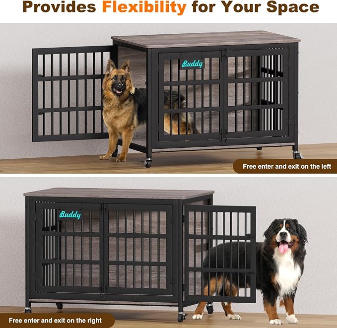 EasyCom 46"/42"/33" XXL Heavy Duty Dog Crate Furniture with Casters | Dog Kennel Indoor with Name Tag, Escape-Proof and Chew-Proof Dog Cage for Large High Anxiety Dog, as End Table