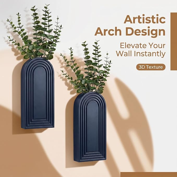 Dnnnii 2 Pack Wooden Wall Vase Set - Blue Finish Modern Farmhouse & Boho Wall Decor for Entryway, Hallway, Bathroom, Living Room, Dining Room, Narrow Spaces