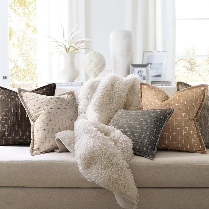 Throw Pillow Covers 16x16 Set of 2 Soft Polyester Textured Pillow Covers with Stylish Flange Edge Cozy Farmhouse Throw Pillows for Couch Bed Sofa Living Room Camel