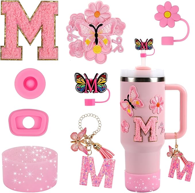 15PCS Cup Accessories Set for Stanley Cup 30oz 40oz Tumbler with Handle, Including Silicone Straw Cover and Boot, Spill Proof Stopper, Stanley Charms, Handle Charm, Initials Sticker