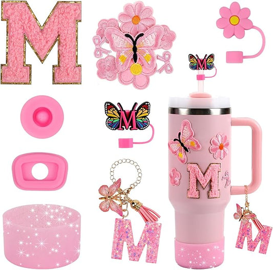 15PCS Cup Accessories Set for Stanley Cup 30oz 40oz Tumbler with Handle, Including Silicone Straw Cover and Boot, Spill Proof Stopper, Stanley Charms, Handle Charm, Initials Sticker