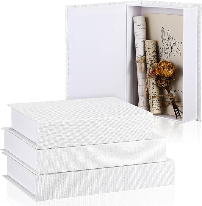 Tioncy 3 Pcs Decor Linen Faux Book Box Set Aesthetic DIY Fake Linen Book Box for Decor Storage Cafe Table Bookshelf Gift Home Keepsake(Multi Sizes,White)
