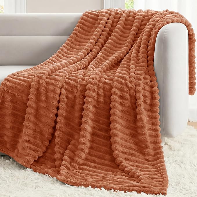 Burnt Orange Twin Blanket for Bed & Couch, 60 x 80 Inch | 300GSM Ribbed Fleece Blanket, Soft, Cozy & Lightweight, OEKO-TEX Certified, All-Season Use for Travel, Dorm & Home Decor
