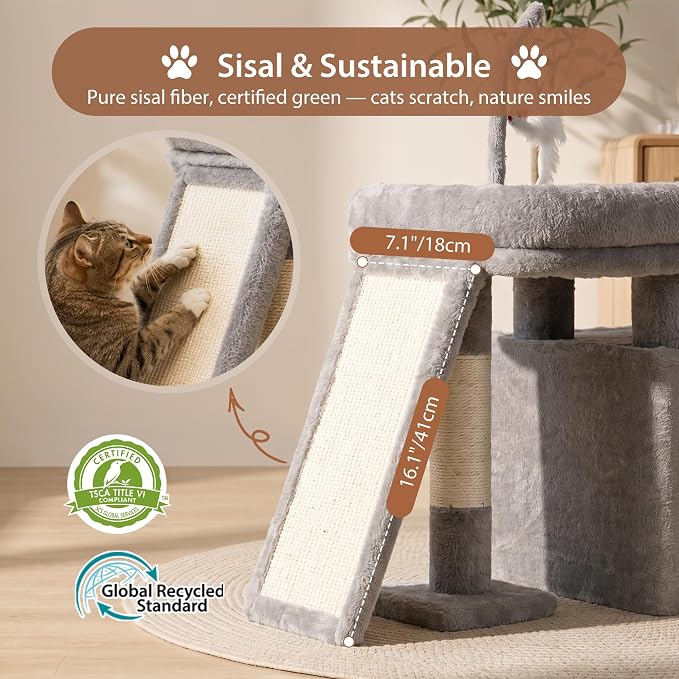Heybly Cat Tree Extra-Long & Stable 2 Adjustable Scratch Boards HCT210SW | Easy-Climb Cat Tower with Dual-Leg Floor Condo, Sturdy Cat Furniture with Extra Wide Platform & Interactive Toys, Light Gray