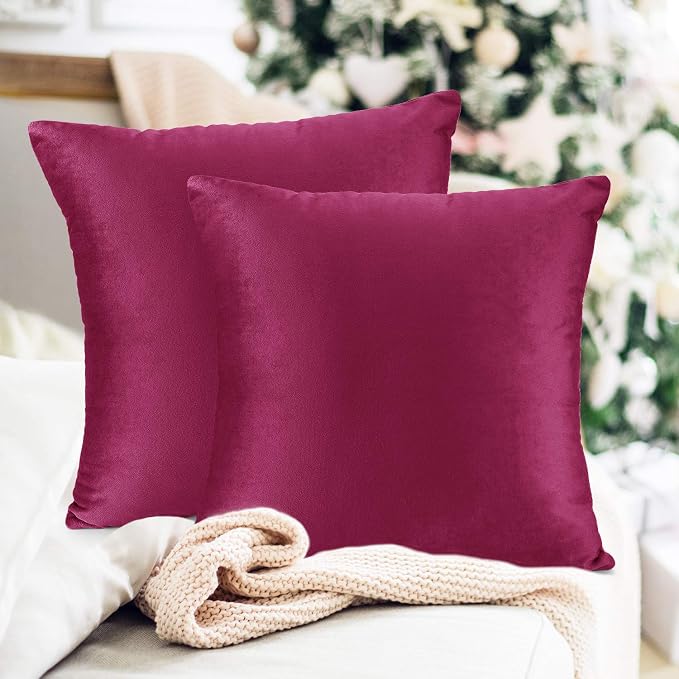 Throw Pillow Inserts Pack of 2 with Velvet Soft Solid Decorative Square Throw Pillow Covers Set for Sofa Couch Car Bedroom, 12X20 Throw Pillows Inserts with 12x18 Washable Cushion Covers, Magenta
