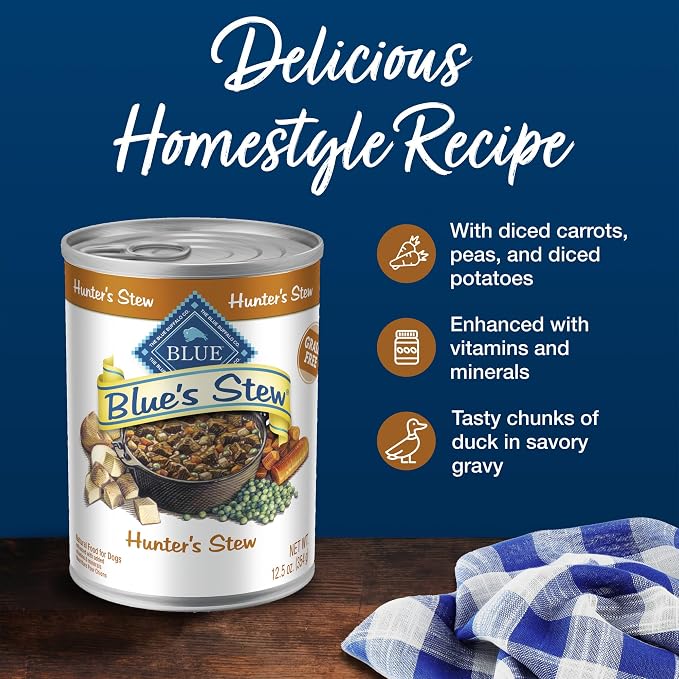 Blue Buffalo Blue's Stew Duck Adult Grain-Free Wet Dog Food, 12.5 oz, 12 ct | Grain-Free, Real Duck First, Hunter's Stew Recipe, Feed as Treat, Topper, or Meal