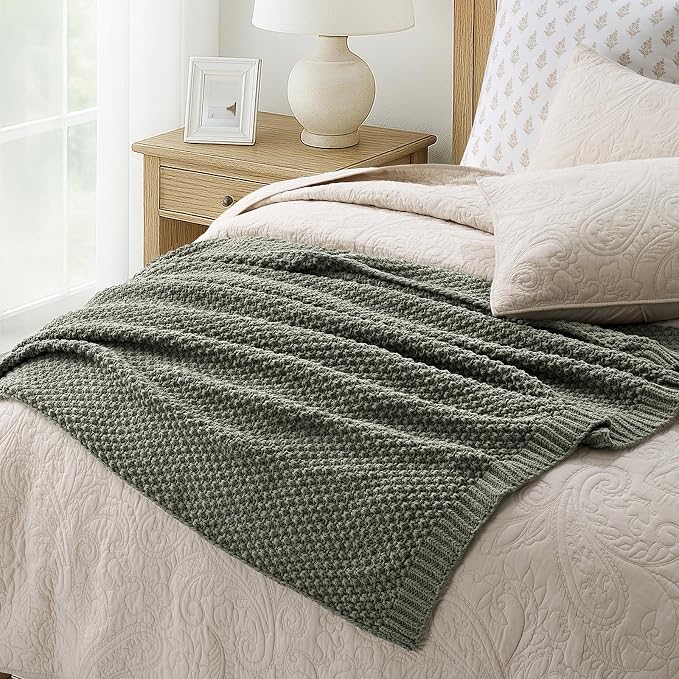 EVERGRACEHOME Chunky Chenille Knit Throw Blanket, 60x80, Dried Thyme Green | Sculpted Moss Stitch, Chic Modern Farmhouse, All-Season Warmth, OEKO-TEX® Certified, Elegant Blanket for Couch, Bed, Sofa