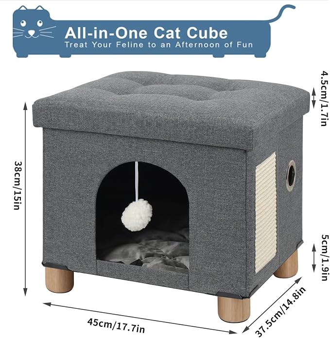 BRIAN & DANY Large Cat Beds for Indoor Cats, Cat Cave House for Kitten with Scratch Board & Ball, 17.7 x 14.8 x 15 inches, Gray (Large)