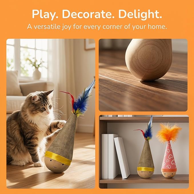 Wooden Wobble Cat Toy, 7in Self-Righting Tumbler for Indoor Cats, 2-Pack
