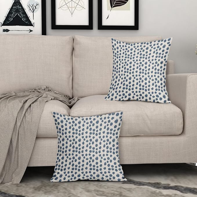 Dusty Blue Cream Pillow Covers 24x24 Set of 2 Boho Design Polka Dot Throw Pillows Modern Brush Strokes Print Decorative Outdoor Pillowcase Square Cushion Cover Linen Pillow Case for Sofa Couch Bed