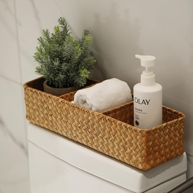 Seagrass Storage Basket 3 Sections Woven Shelf Baskets with Compartment (Natural, 14.6inch x 4.7inch x 3.1inch)