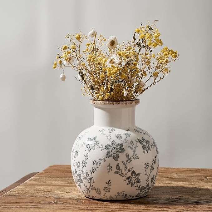 SIDUCAL Ceramic Vintage Vase, 5.91 Inch Retro Ice Cracked Chinoiserie Floral Vase, Rustic Farmhouse Vases for Home Decor, Bookshelf, Garden, Chinoiserie Decor, Tuscan Decor, Gray Floral Pattern